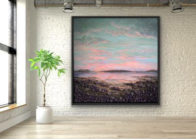 Painting with amethyst geodes in foreground, pink and blue sky, sparkly gemstones throughout, 6x6'