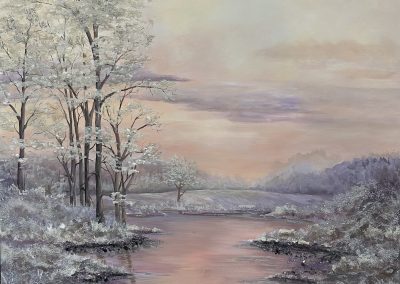 Soft pink and purple landscape in winter with gemstones, snowy glitter, frozen trees