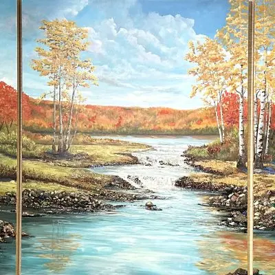 triptych of an autumn landscape with aspen trees, gemstones, a hunting shack, a lake and stream