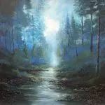 Blue woodland with lime green foliage, gemstones and glass accents