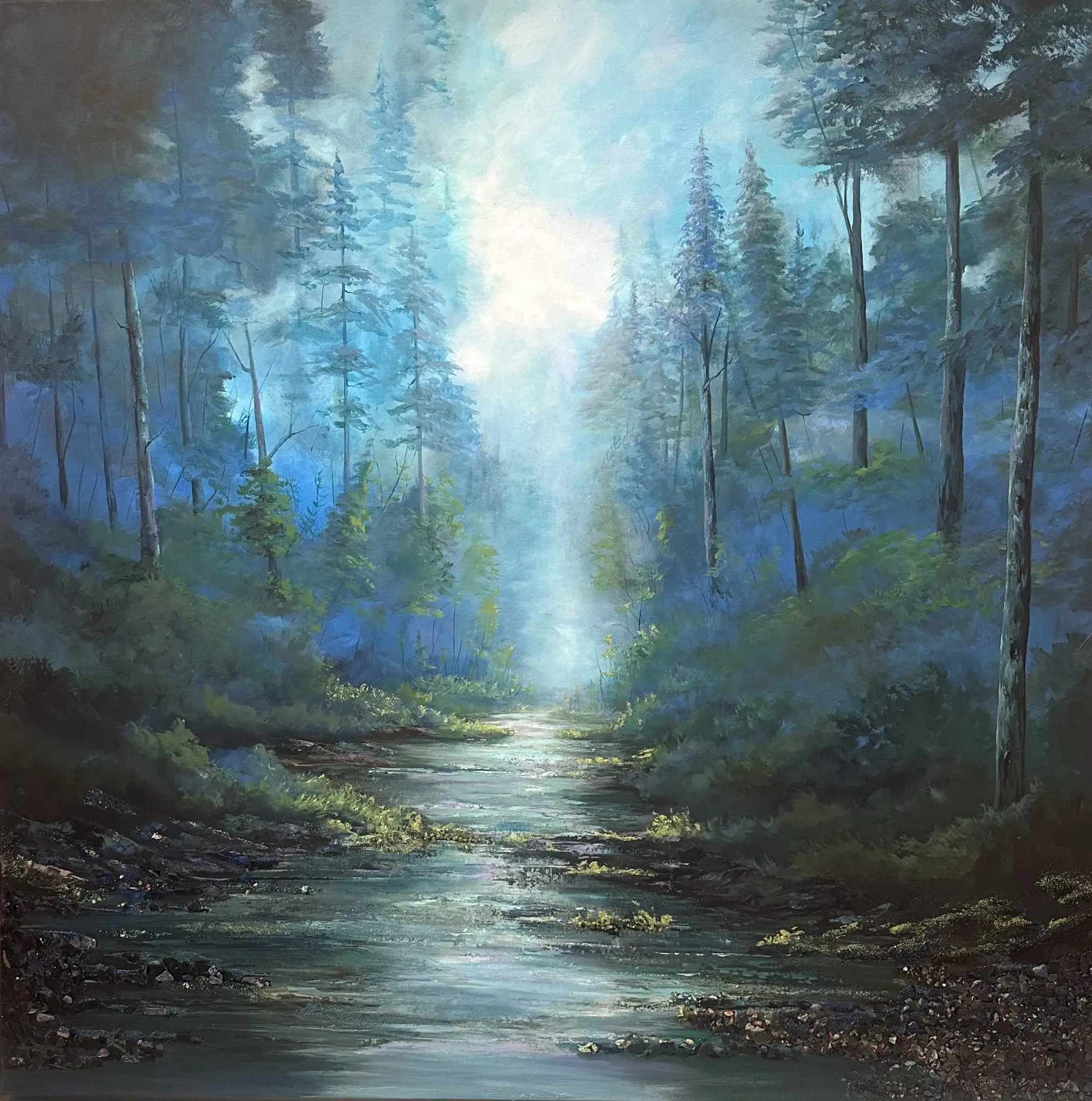 Blue woodland with lime green foliage, gemstones and glass accents