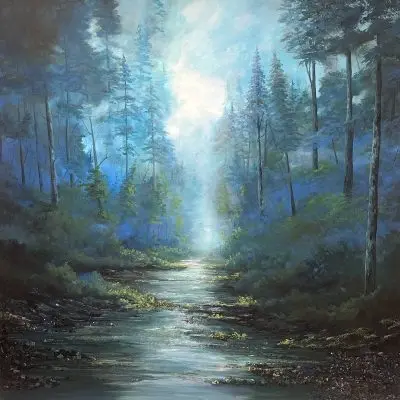 Blue woodland with lime green foliage, gemstones and glass accents