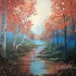 Woodland of red aspens, blue accents, gemstones, reflection in the stream