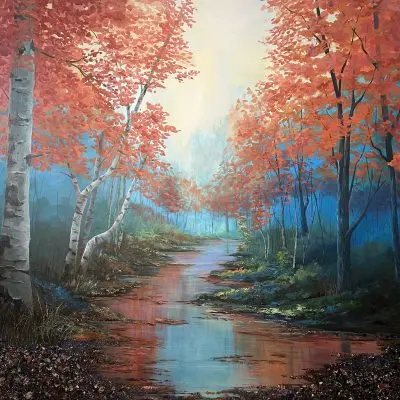 Woodland of red aspens, blue accents, gemstones, reflection in the stream