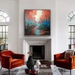 Fall red trees, blue mist and reflection in the stream with gemstones and sparkle