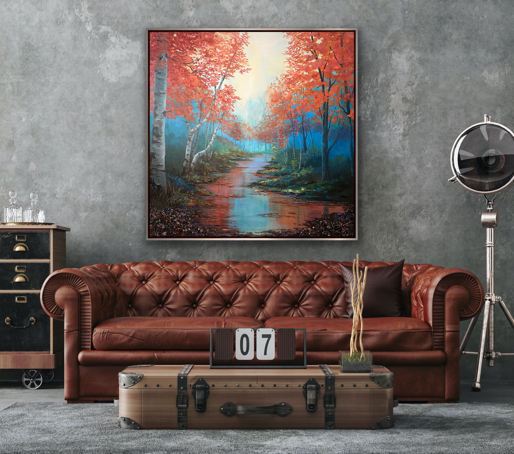 Fall landscape with aspen trees, gemstones, and calm water, soft mountains in the distance.