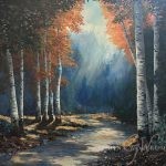 Misty autumn forest with birch trees and glowing stream, accented with jasper, obsidian, tourmaline, lapis, jade, and glass glitter