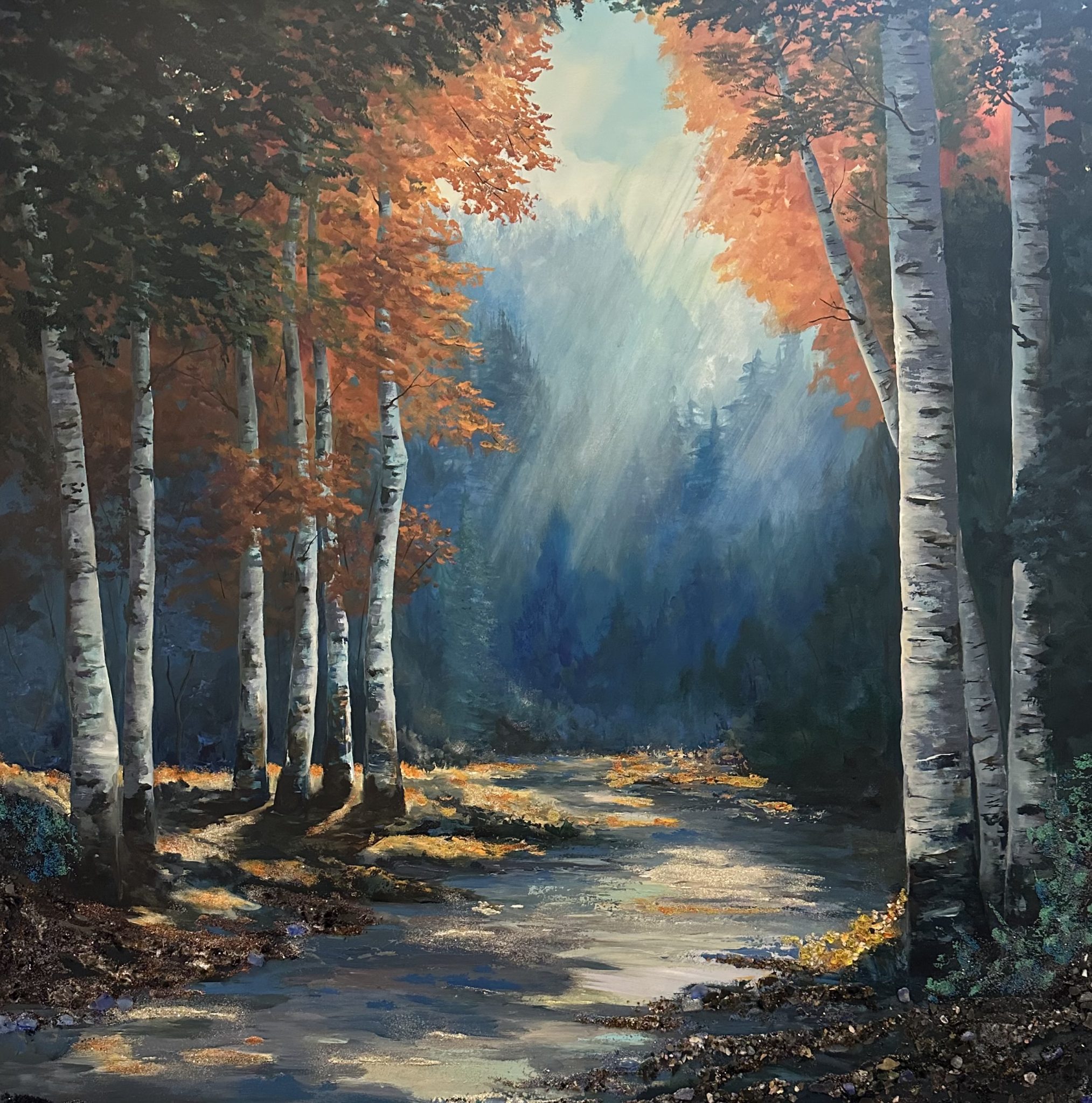 Misty autumn forest with birch trees and glowing stream, accented with jasper, obsidian, tourmaline, lapis, jade, and glass glitter