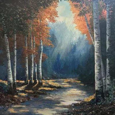 Misty autumn forest with birch trees and glowing stream, accented with jasper, obsidian, tourmaline, lapis, jade, and glass glitter