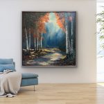 Misty autumn forest with birch trees and glowing stream, accented with jasper, obsidian, tourmaline, lapis, jade, and glass glitter