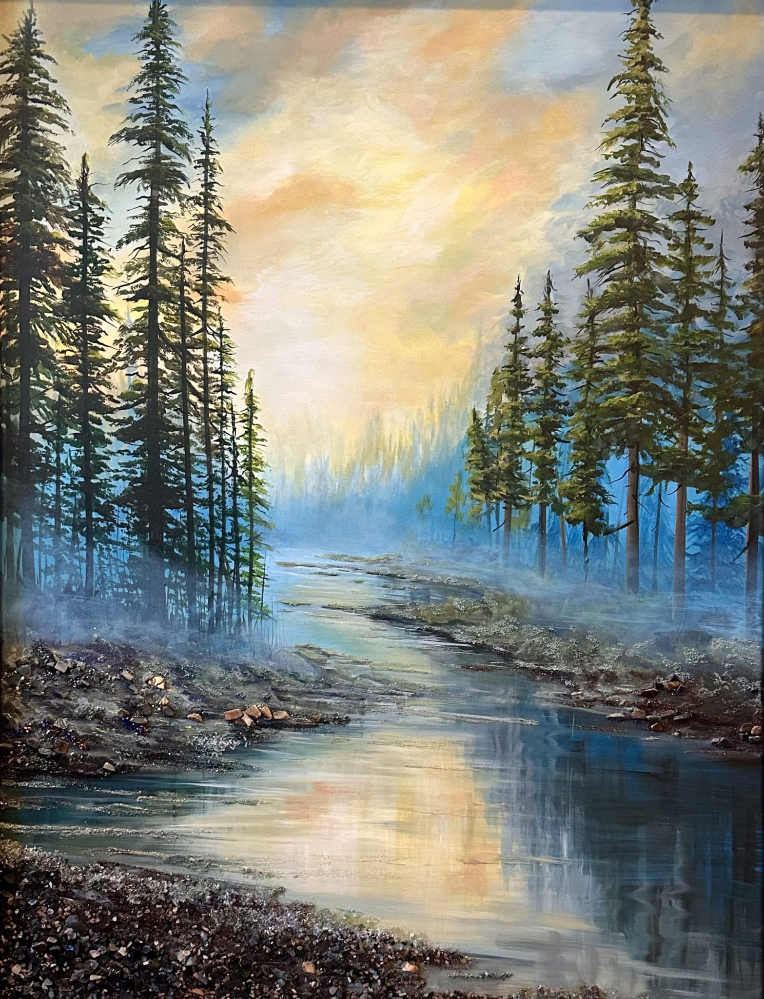 Misty forest river at sunrise with gemstone accents of obsidian, tiger eye, jade, tourmaline, citrine, glass beads, and glitter.