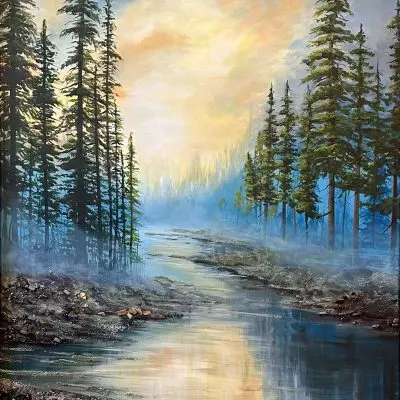 Misty forest river at sunrise with gemstone accents of obsidian, tiger eye, jade, tourmaline, citrine, glass beads, and glitter.