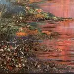 Aspen trees with reds and fall colors, blue, gemstones and reflections