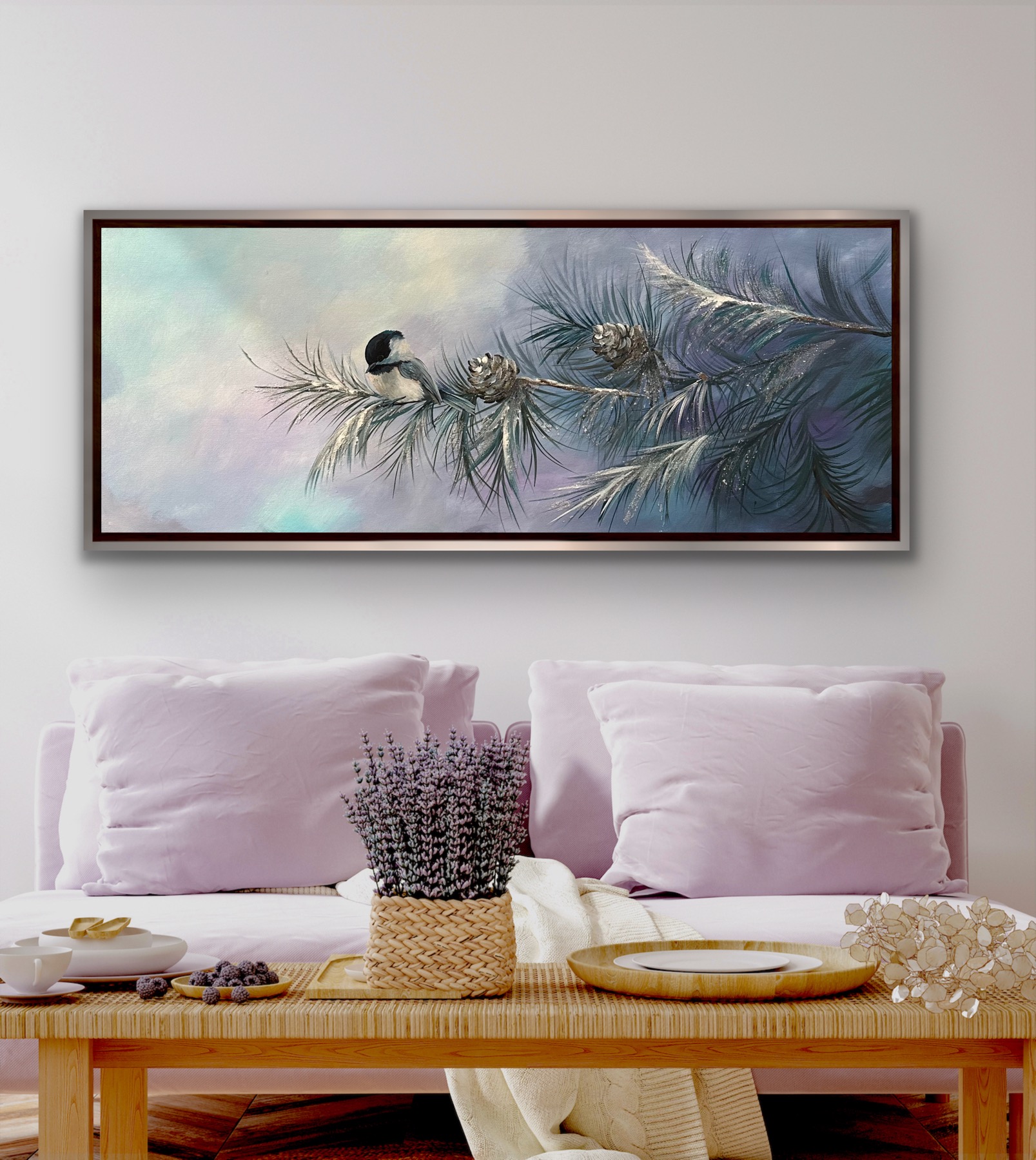Chickadee on a pine branch with sparkling snow, soft blue and lavender background