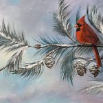 Cardinal perched on frosted pine branch against a soft pastel sky; gentle shimmer from glass glitter and mica, horizontal artwork.