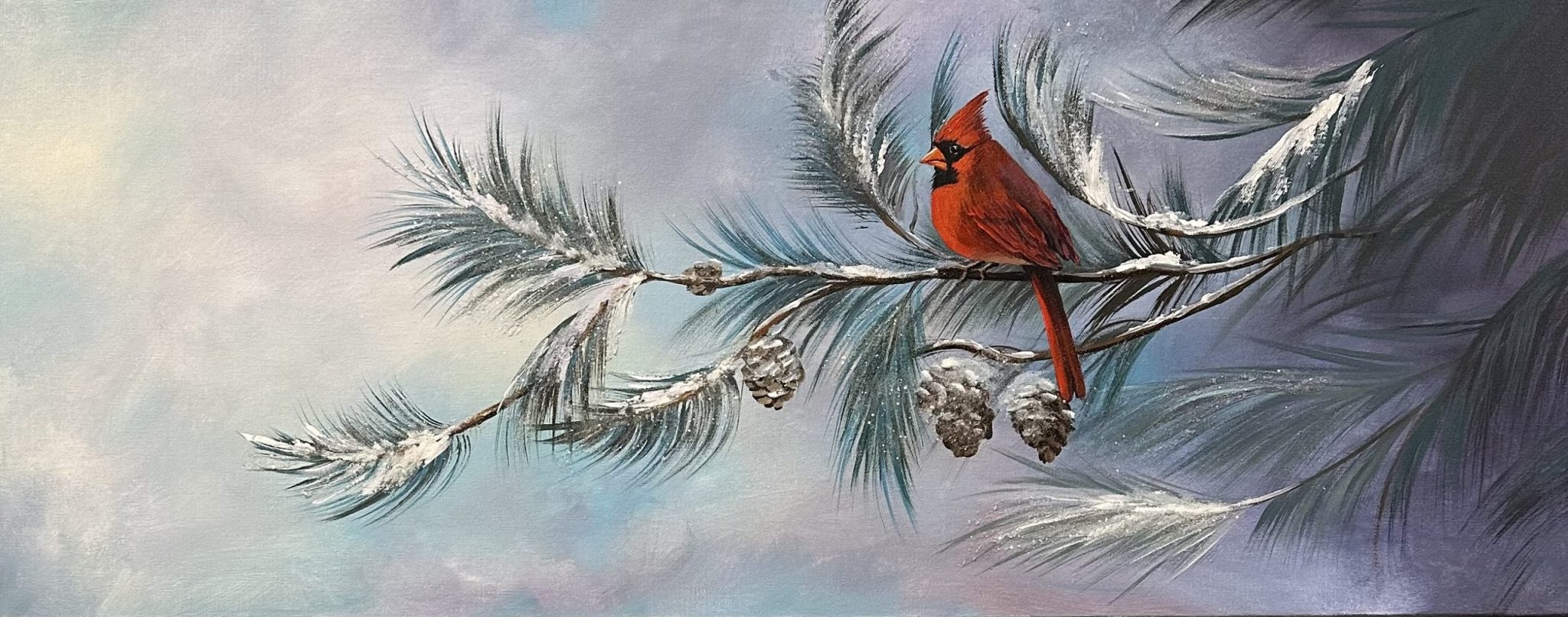 Cardinal perched on frosted pine branch against a soft pastel sky; gentle shimmer from glass glitter and mica, horizontal artwork.