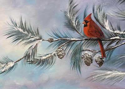 Cardinal perched on frosted pine branch against a soft pastel sky; gentle shimmer from glass glitter and mica, horizontal artwork.