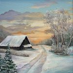 A winter landscape painting featuring a rustic barn along a snowy path under a glowing sunrise sky. Sparkling glass and mica catch the light, with a small cardinal perched in frosted trees to the right.