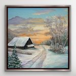 A winter landscape painting featuring a rustic barn along a snowy path under a glowing sunrise sky. Sparkling glass and mica catch the light, with a small cardinal perched in frosted trees to the right.