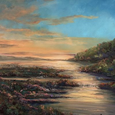 A glowing sunrise over water with golden reflections and shimmering accents of glass, glitter, and mica.