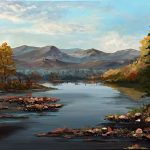 Fall landscape with aspen trees, calm water and soft mountains in the distance.