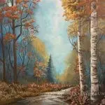 Autumn forest painting with birch trees, glowing sky, and a creek; warm tones with subtle sparkle of glass, glitter, and mica.