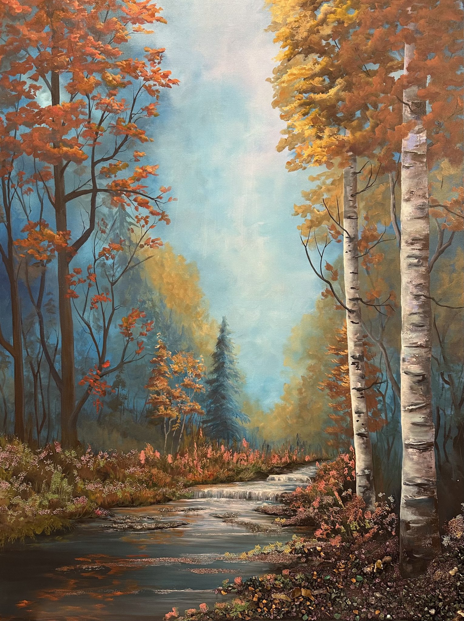 Where the Light Settles Autumn forest painting with birch trees, glowing sky, and a creek; warm tones with subtle sparkle of glass, glitter, and mica.