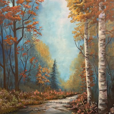 Autumn forest painting with birch trees, glowing sky, and a creek; warm tones with subtle sparkle of glass, glitter, and mica.