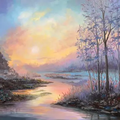 A glowing sunrise over a reflective stream with frosted trees and sparkling glass and mica details along the shoreline