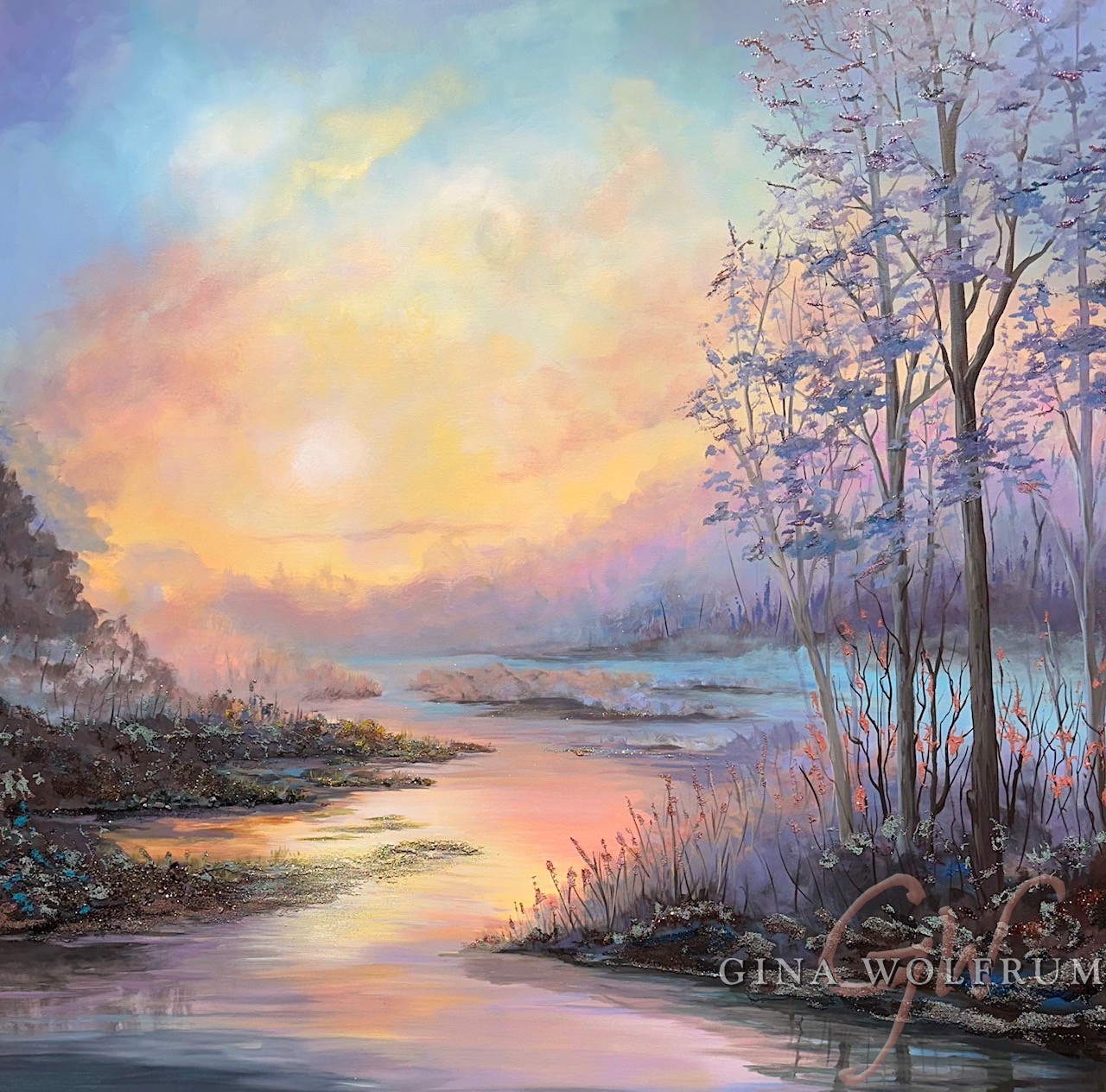 Dawn's Whisper A glowing sunrise over a reflective stream with frosted trees and sparkling glass and mica details along the shoreline
