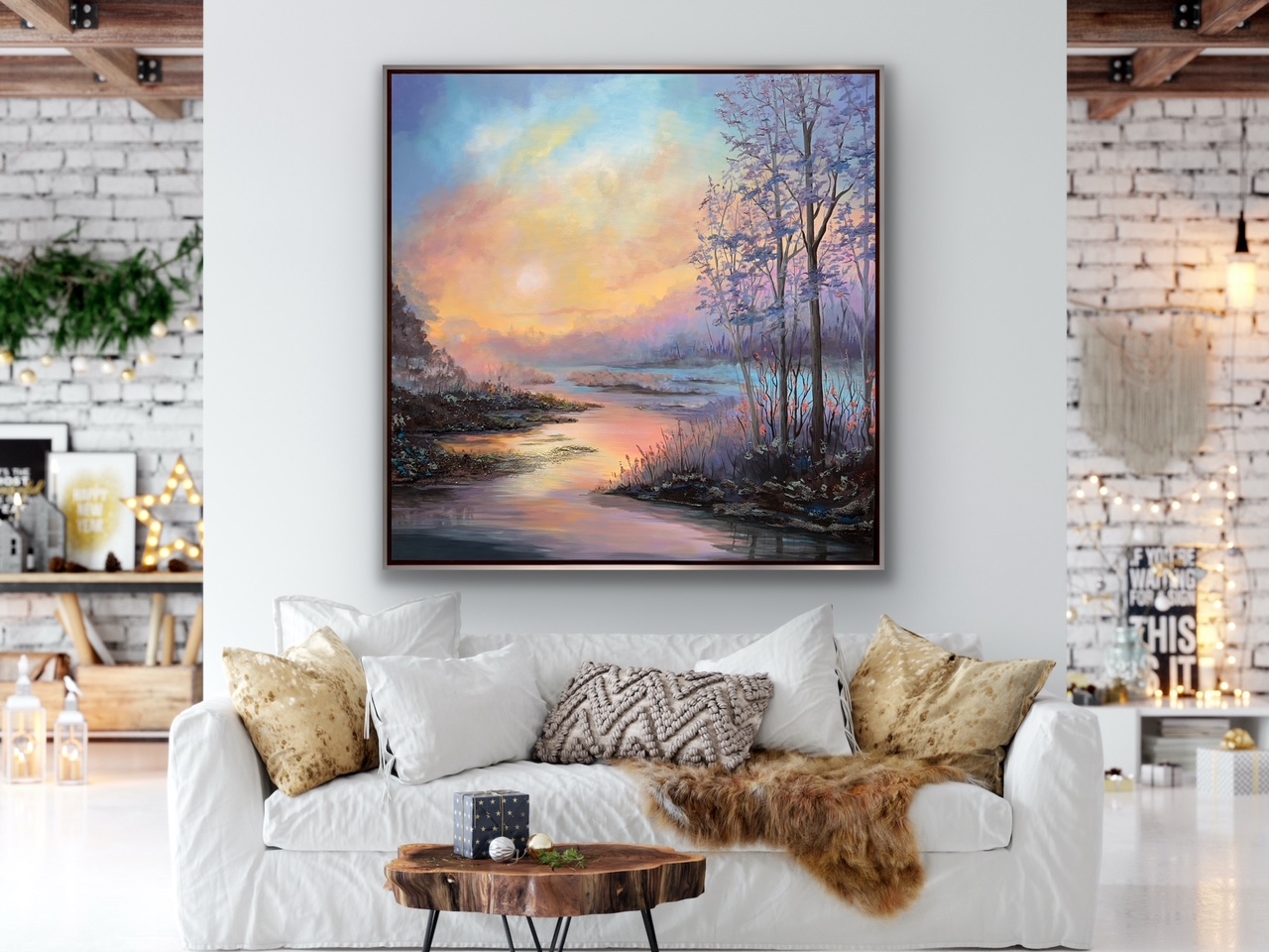 fall foliage reflecting in stream with rocks in foreground