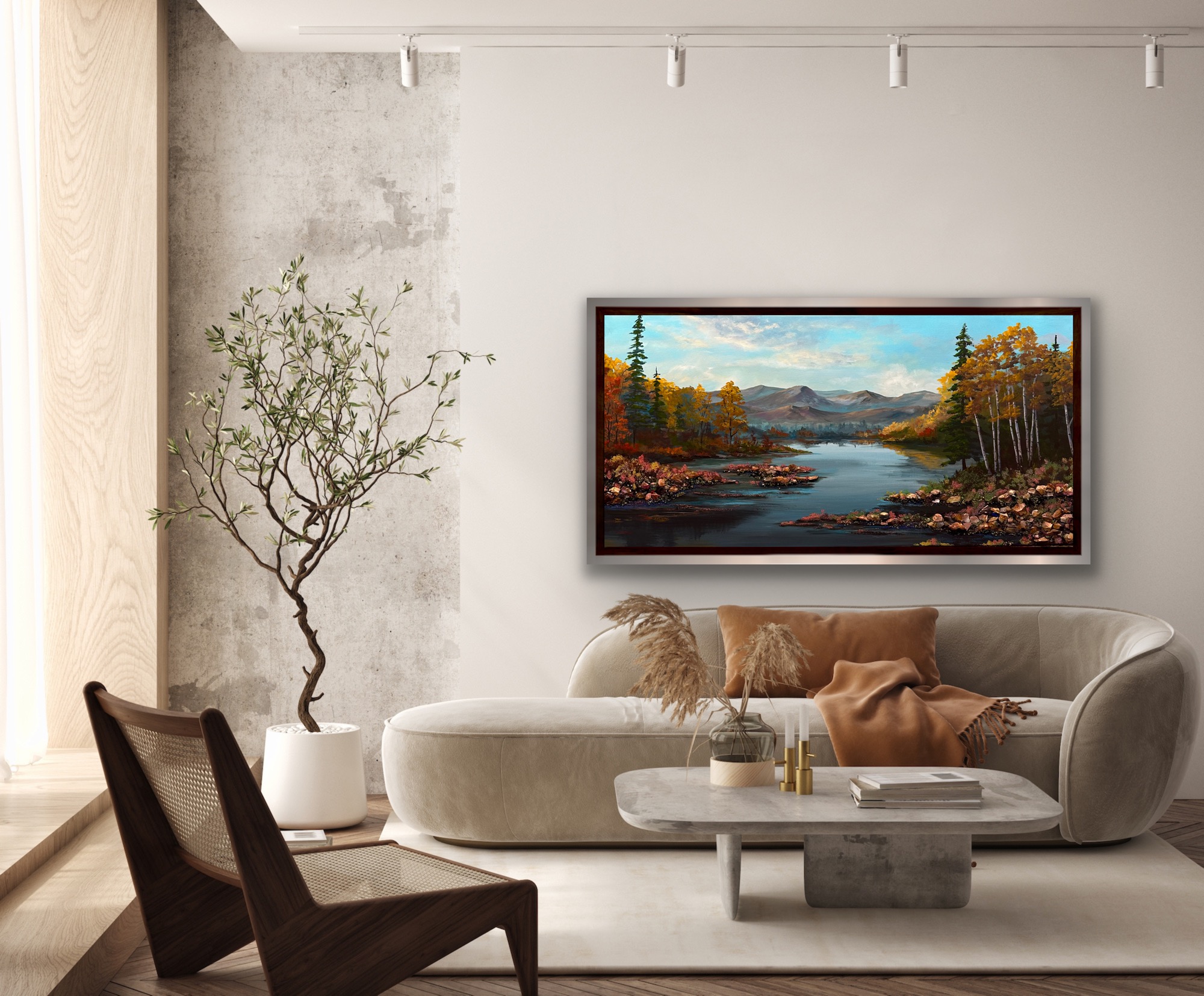 Fall landscape with aspen trees, gemstones, and calm water, soft mountains in the distance.
