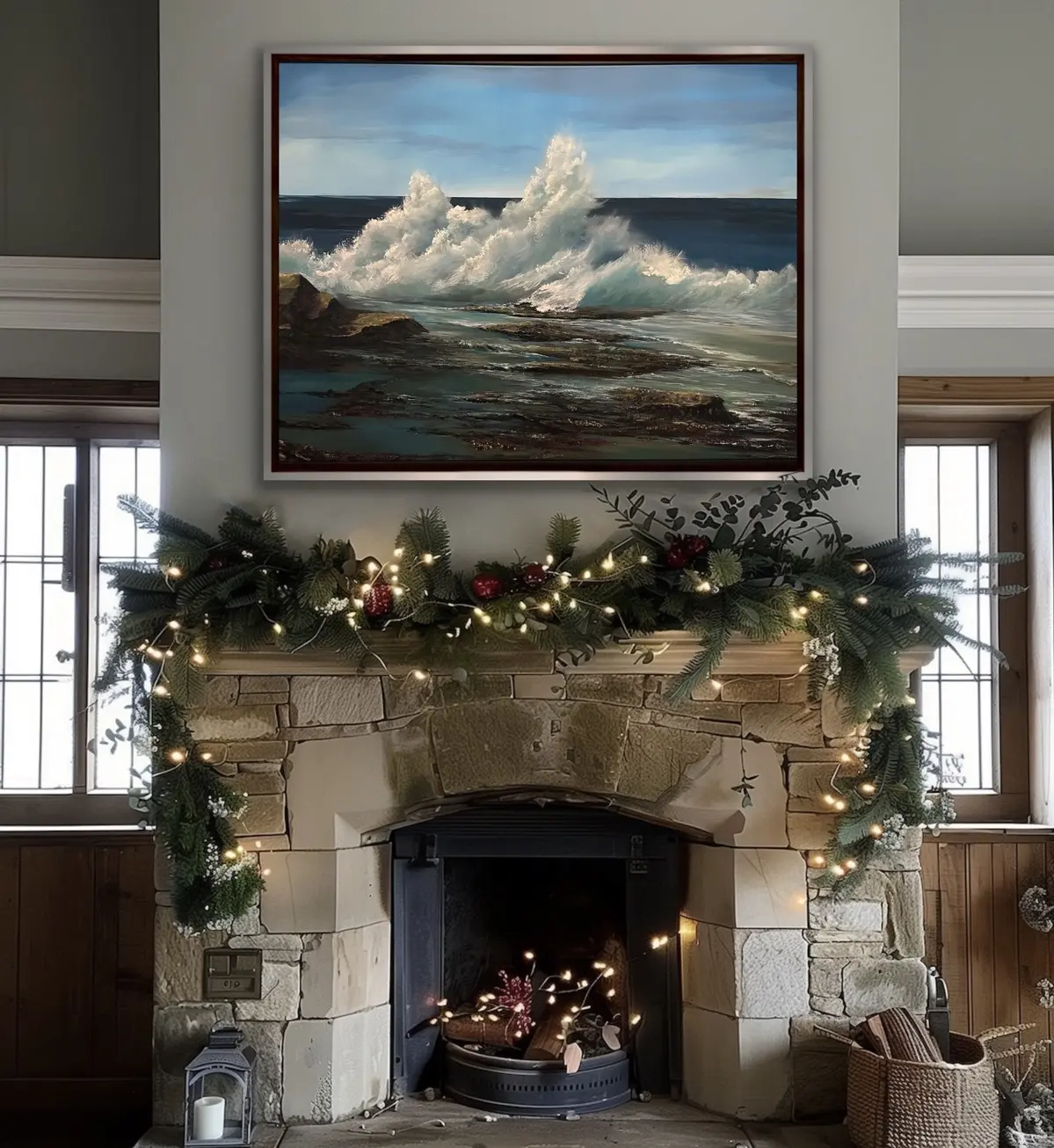 Crashing waves, rocky coast and shoreline, sparkling gemstones