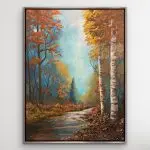 Autumn forest painting with birch trees, glowing sky, and a creek; warm tones with subtle sparkle of gemstones, glass glitter, and mica.