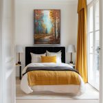 Autumn forest painting with birch trees, glowing sky, and a creek; warm tones with subtle sparkle of gemstones, glass glitter, and mica.