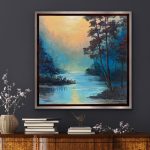 A 12x12 mixed-media landscape titled Golden Hour showing a warm sunset over a blue river, with trees framing the scene and subtle sparkle from gemstones, glass glitter, and mica.