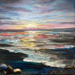 Textured coastal sunset painting with gemstones, glass glitter, and mica; shimmering waves reflecting warm and cool light.