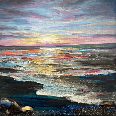 Textured coastal sunset painting with gemstones, glass glitter, and mica; shimmering waves reflecting warm and cool light.