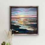 Textured coastal sunset painting with gemstones, glass glitter, and mica; shimmering waves reflecting warm and cool light.