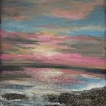 7x5 seascape with glowing pink and gold sunset, shimmering gemstones and mica on the shore, framed in a floater frame.