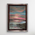 7x5 seascape with glowing pink and gold sunset, shimmering gemstones and mica on the shore, framed in a floater frame.