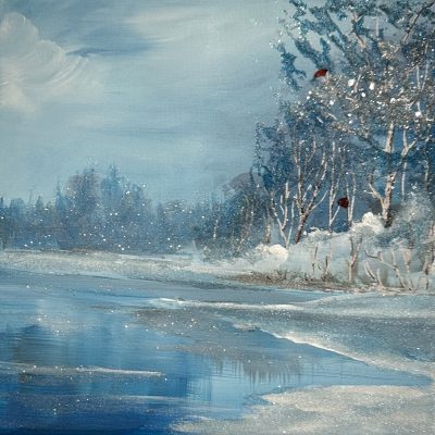 Winter landscape in soft blues with shimmering ice, trees, and subtle sparkle; framed in a chrome floater frame above a holiday mantel.