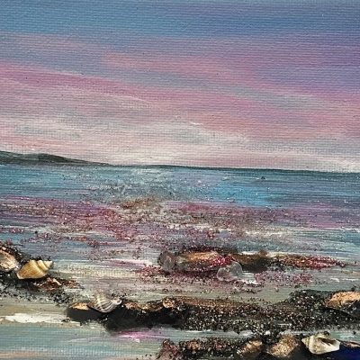 Small 5x7 mixed-media seascape with soft shimmer, gemstones, and a tiny seashell, glowing with gentle sparkle in a floater frame.