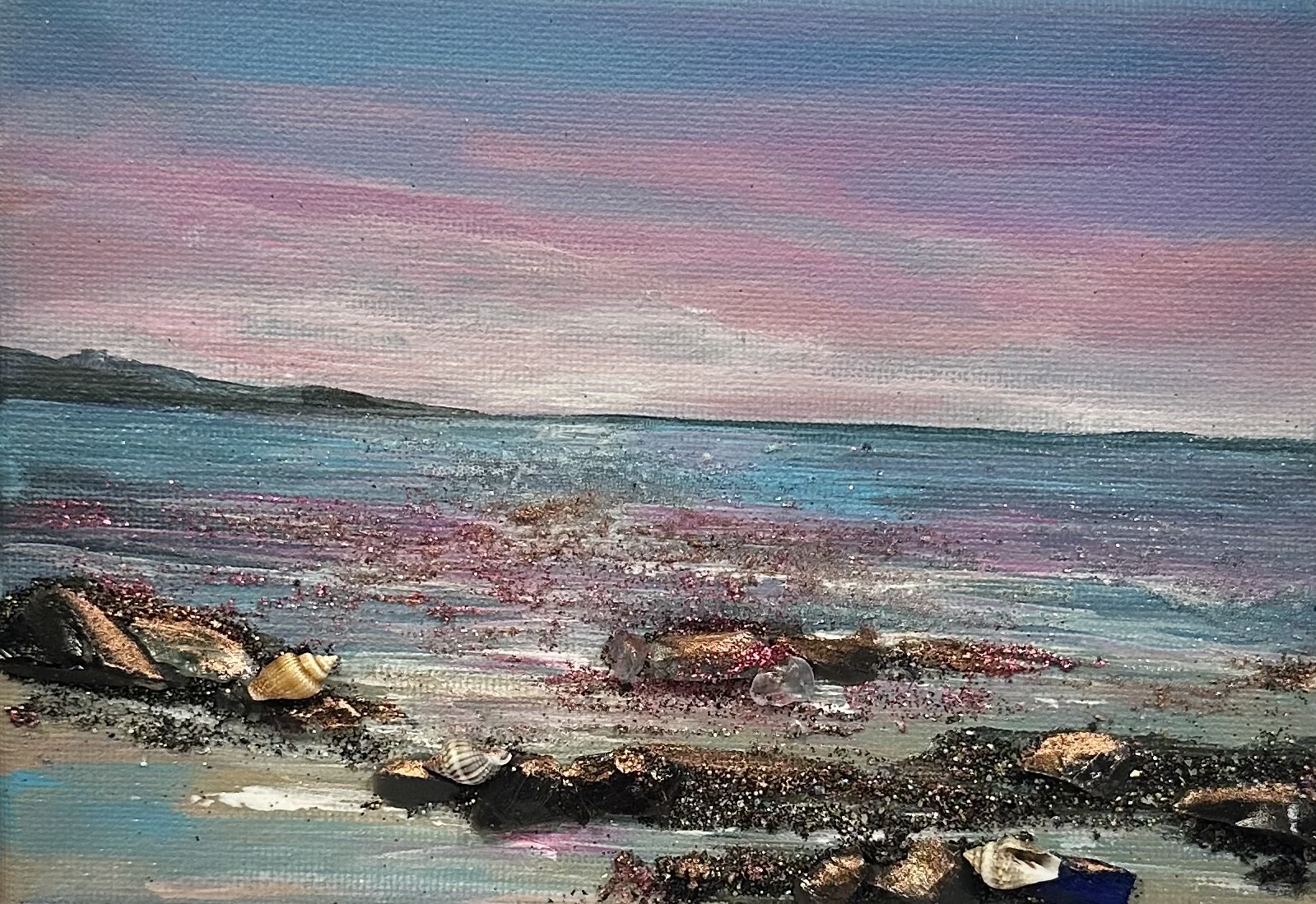 Wistful Small 5x7 mixed-media seascape with soft shimmer, gemstones, and a tiny seashell, glowing with gentle sparkle in a floater frame.