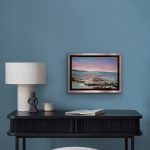 Small 5x7 mixed-media seascape with soft shimmer, gemstones, and a tiny seashell, glowing with gentle sparkle in a floater frame.