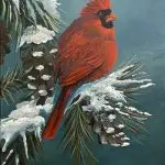 A vibrant red cardinal sits on a snow-covered pine branch in a teal winter sky. Mica and glass glitter add shimmering highlights to the feathers and snow. The artwork is framed in a sleek black floater frame.