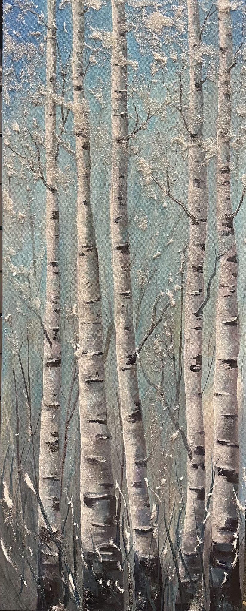 Glistening Calm Wintery aspen trees, or birch trees, sparkling