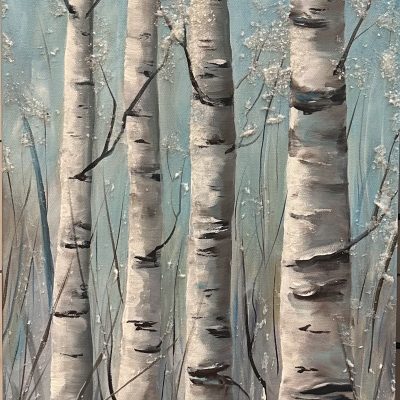 white birch trees, aspen trees, winter trees with sparkle